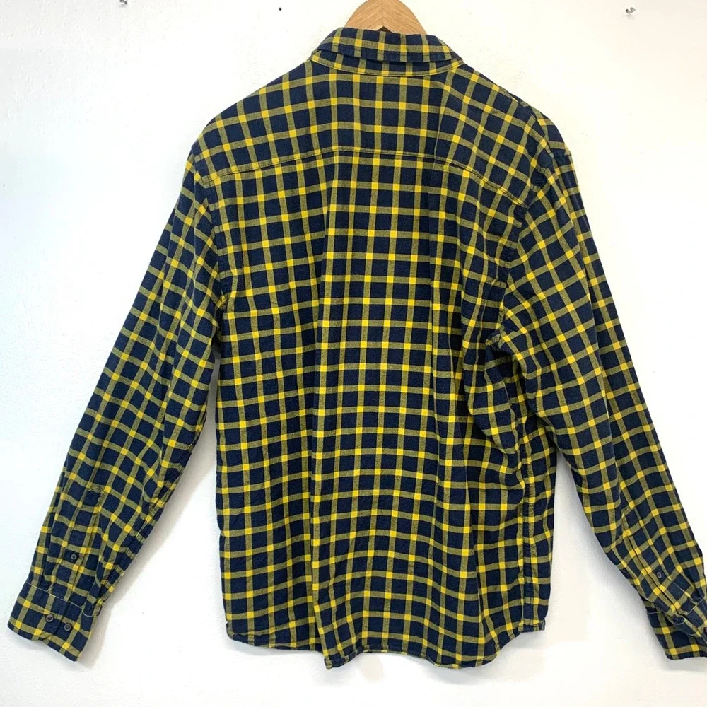 Banana Republic Luxe Flannel Shirt Navy Yellow Buffalo Check Untucked Slim Fit L